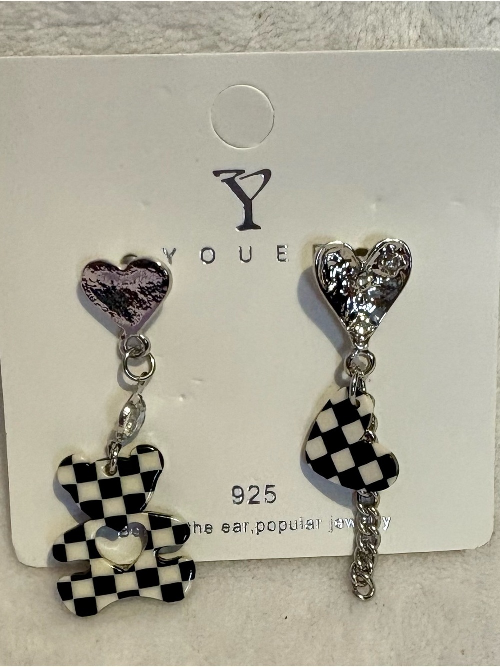 Youer Women’s 925 Black & White Checker Heart Dangle Earrings